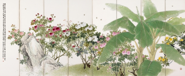 월전 장우성_장미와 파초, 연도미상, 종이에 수묵채색, 132×344cm, 개인소장