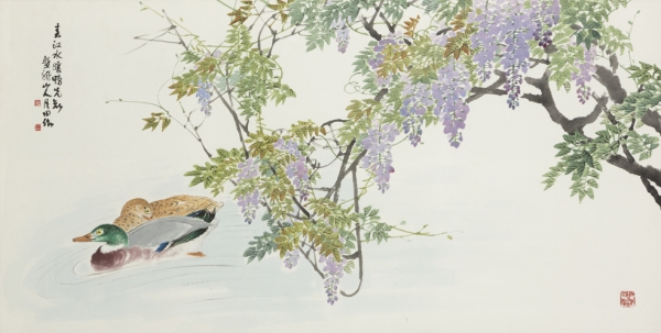 월전 장우성 '등나무와 원앙'_연도미상, 69.5×139cm, 종이에 수묵담채