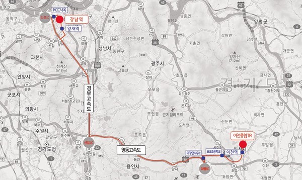 이천시 3401번(이천터미널~강남역) 노선도. 이천터미널, 이천역, 마장면사무소 등 이천지역 9개소와 KCC사옥, 강남역, 양재꽃시장 등 서울지역 7개소를 경유한다. /국토교통부